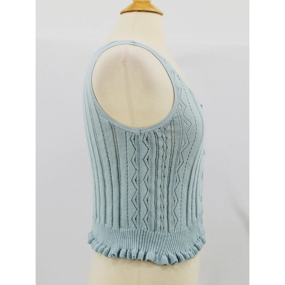 American Eagle Button Front Tank Top Size Medium Blue Knit Ruffle Hem - Picture 4 of 14